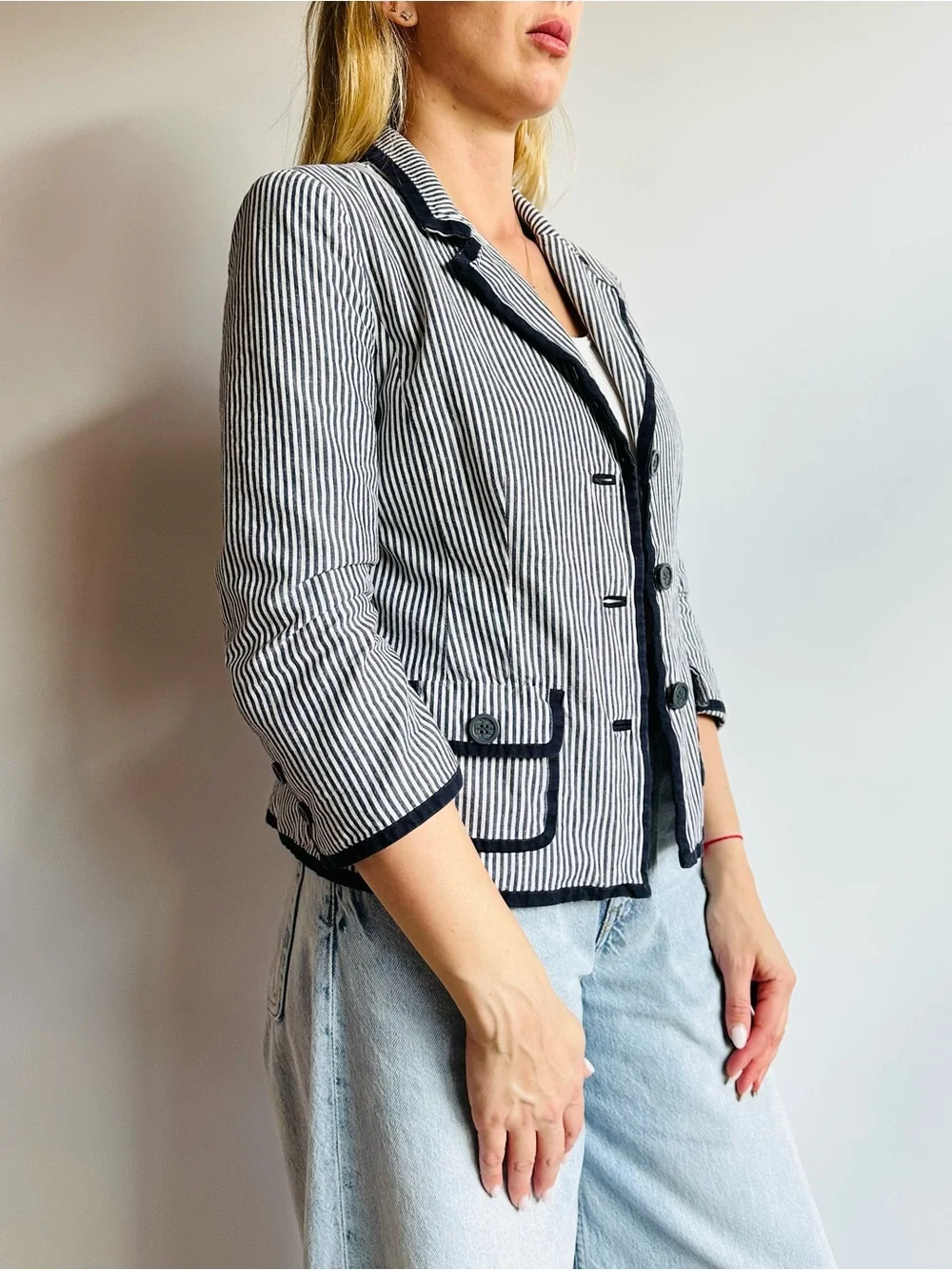 Vintage Tory Burch Seersucker Stripe Linen Cotton Blazer Jacket Navy Preppy
